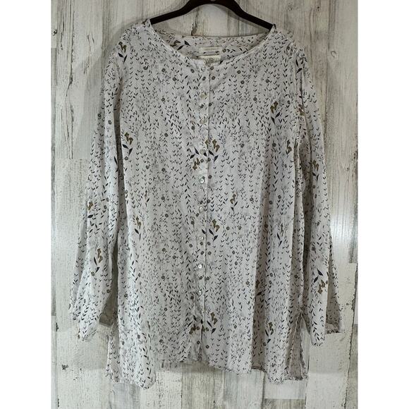 Cynthia Rowley Linen Button Up Tunic Size 2X Beige Floral 100% Linen Roll Tab - Picture 1 of 8